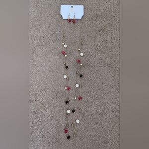 Charming Charlie Red, White, Black Beaded Necklace With Matching Earrings Set